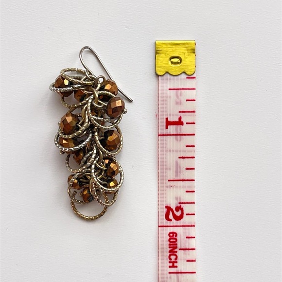 Coppery Metallic Beaded Geometric Earrings Neutral Faceted Beads Golden Pierced - Picture 4 of 4